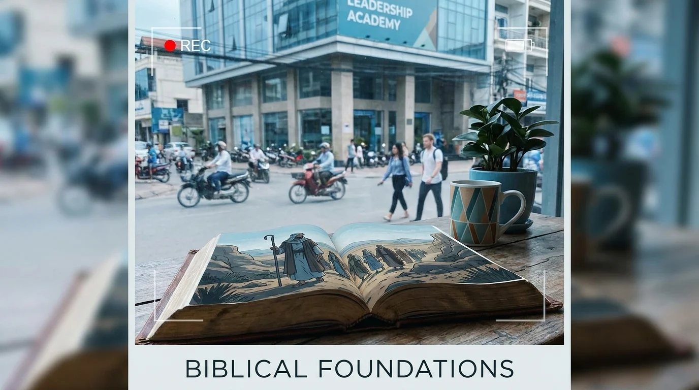 Open Bible with illustrated biblical scene, set against a Leadership Academy building, captioned “Biblical Foundations