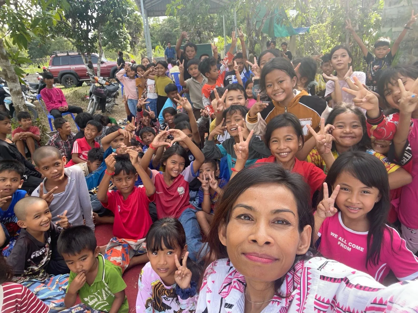 Children gathered for children's ministry during church planting in Takeo