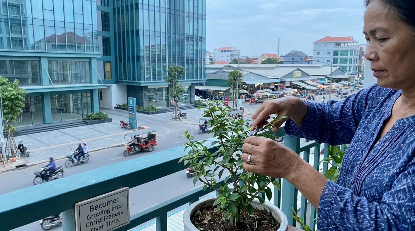 Woman tending a potted plant on a balcony overlooking a busy Southeast Asian street, beside a sign reading “Become: Growing Into Christlikeness Over Time