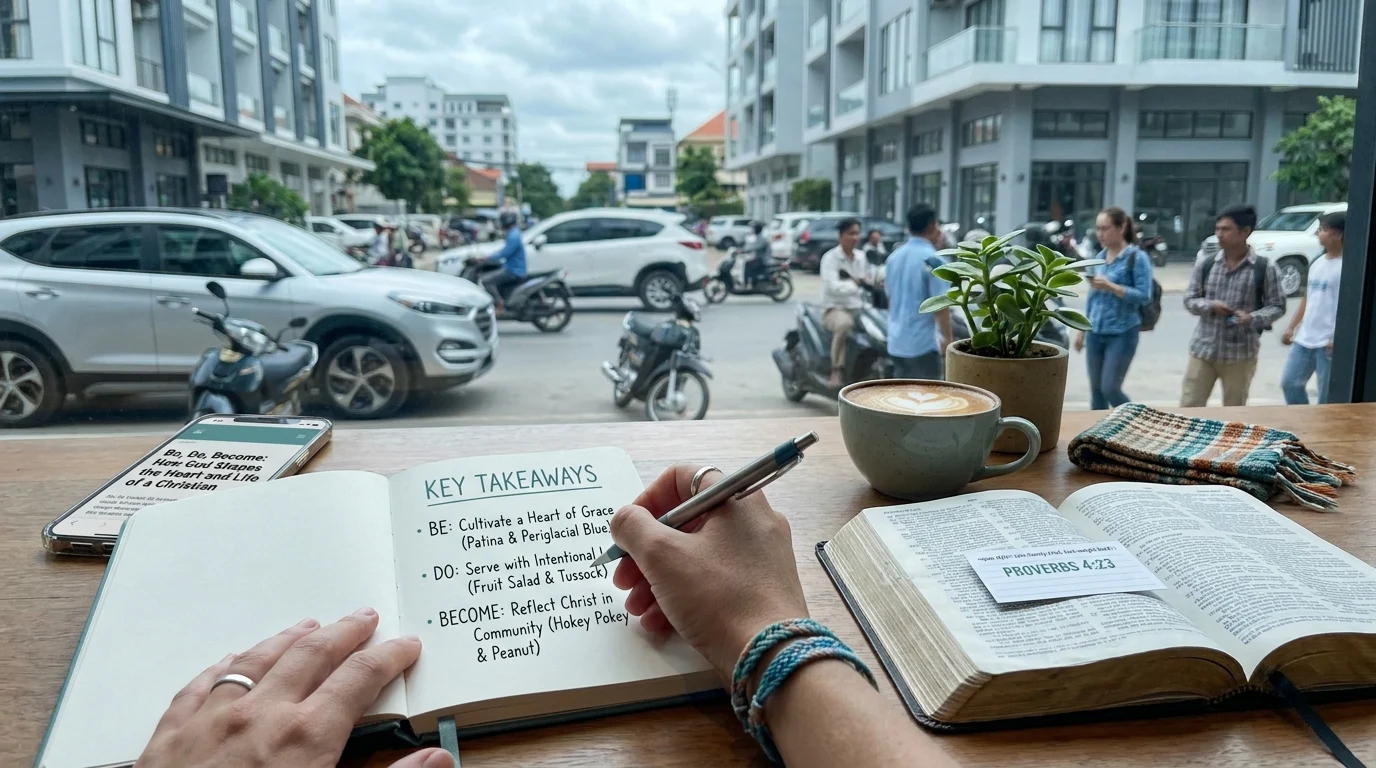 Person writing key takeaways from Be, Do, Become in a notebook beside an open Bible turned to Proverbs 4:23, with a latte and busy street in the background